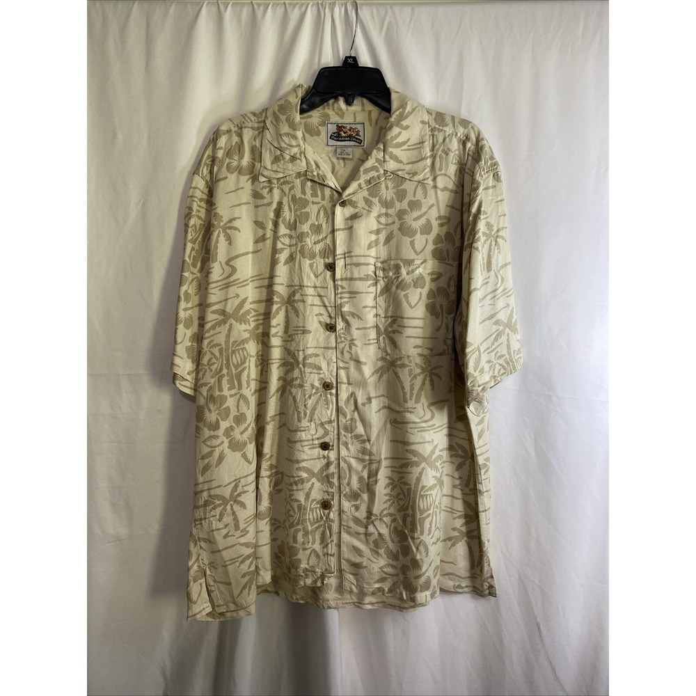 Paradise Coves Silk Shirt Mens XL Cream Excellent Tropical Palm Tree Button Down